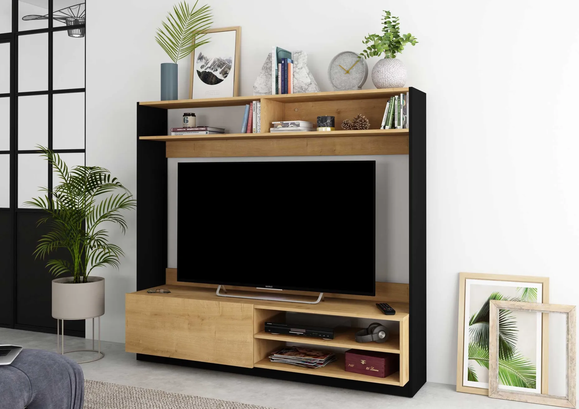 TV-Möbel Daphne 163cm mit Falttür - Eiche/schwarz