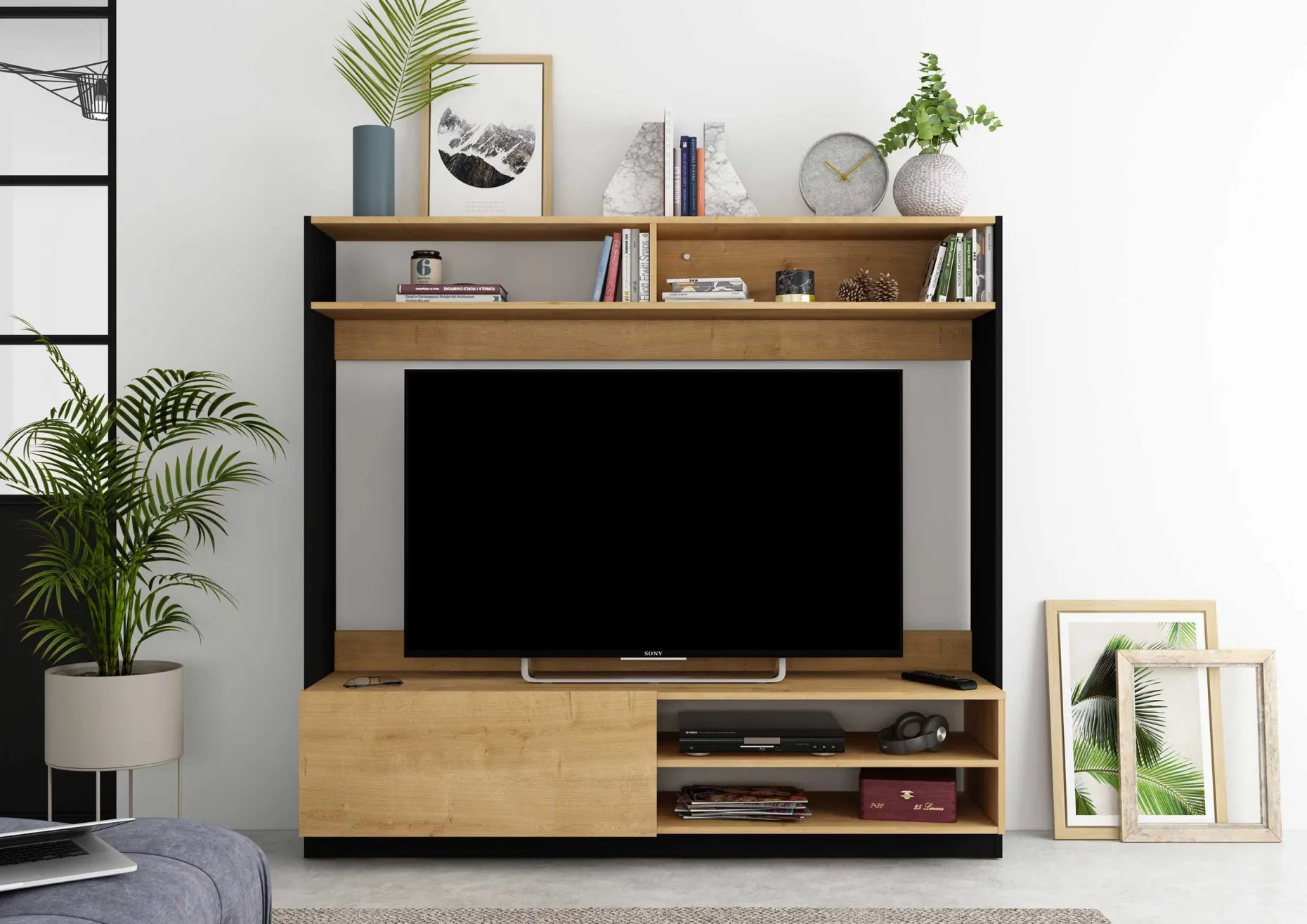 TV-Möbel Daphne 163cm mit Falttür - Eiche/schwarz
