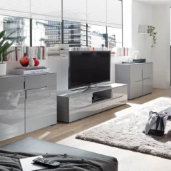 TV-Möbel Seta mit 4 Schubladen und offenem Fach - hochglanz-grau