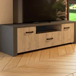 TV-Schrank Aubrey - 148x42x44cm - 2 Türen und 1 Schublade - Eiche Dekor/schwarz