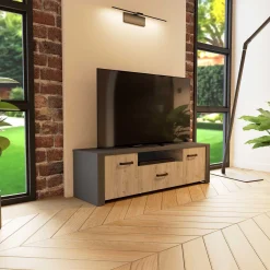 TV-Schrank Aubrey - 148x42x44cm - 2 Türen und 1 Schublade - Eiche Dekor/schwarz