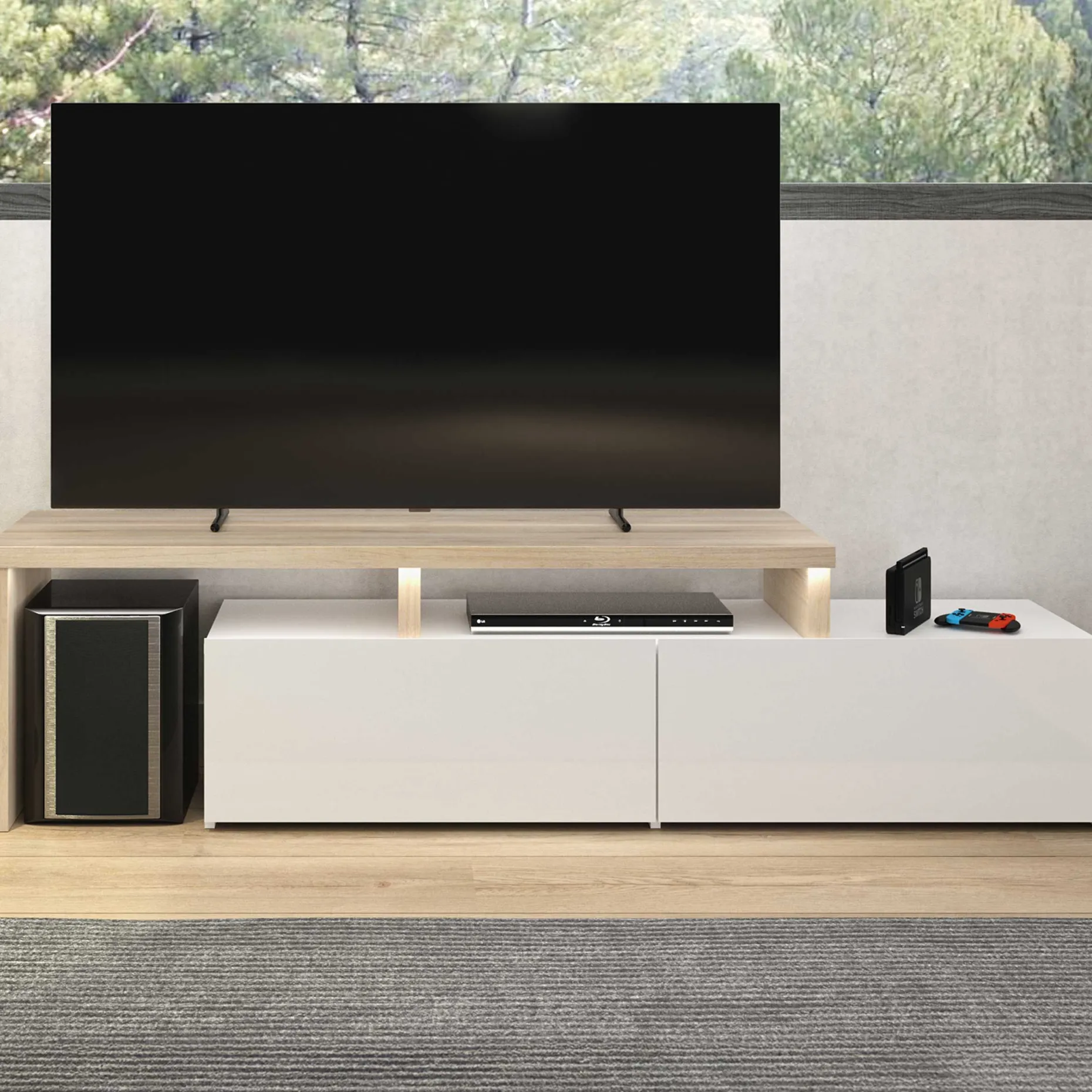 TV-Schrank Ecke Mikao - Eiche Dekor/Weiß