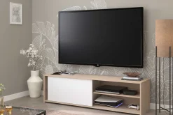 TV-Schrank Leandro - 155x40x43cm - mit Schiebetür - Eiche Dekor/Weiß
