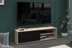 TV-Schrank Leandro - 155x40x43cm - mit Schiebetür - Eiche Dekor/schwarz