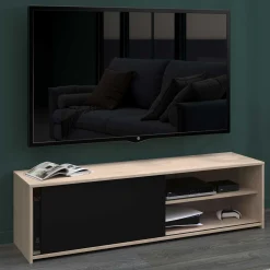 TV-Schrank Leandro - 155x40x43cm - mit Schiebetür - Eiche Dekor/schwarz