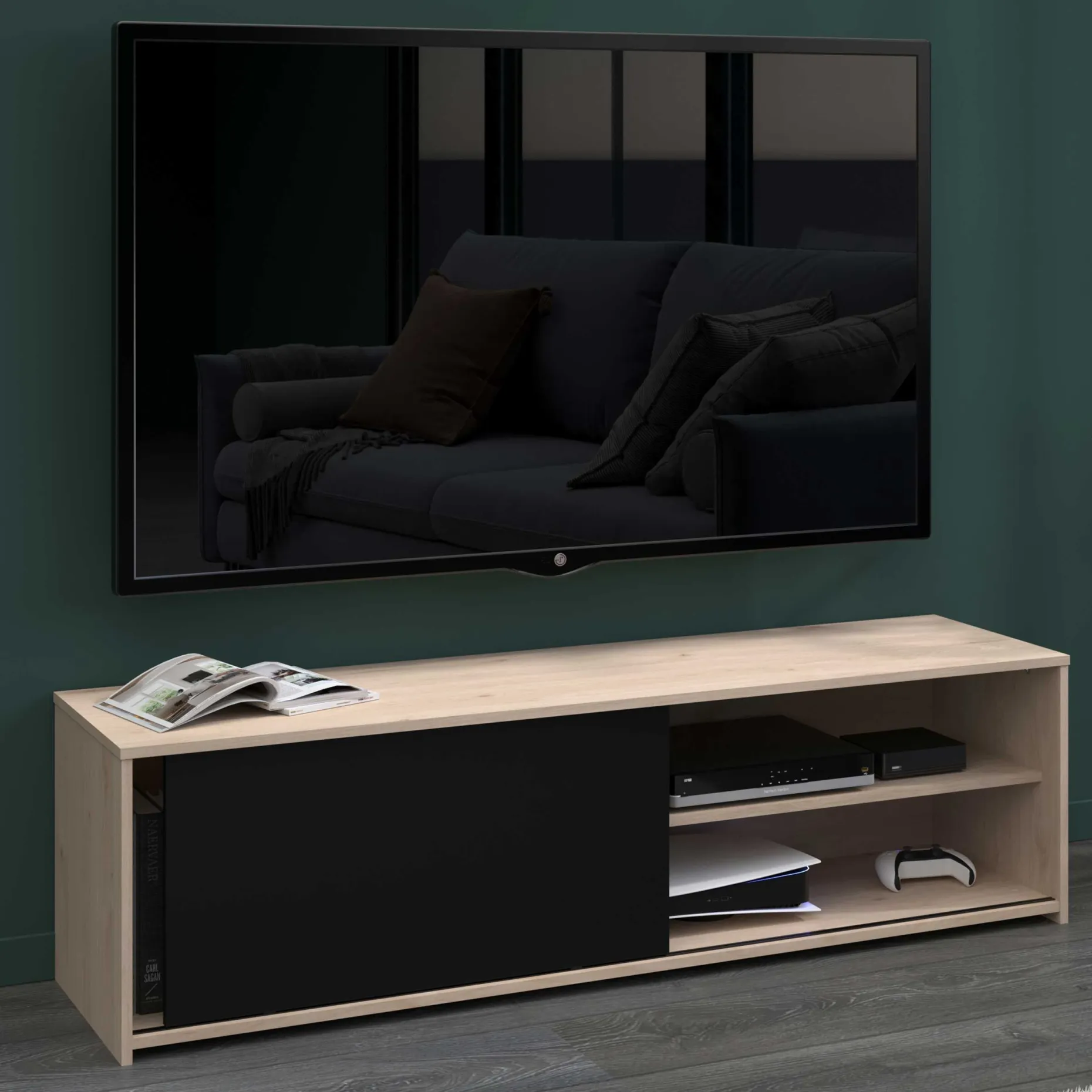 TV-Schrank Leandro - 155x40x43cm - mit Schiebetür - Eiche Dekor/schwarz