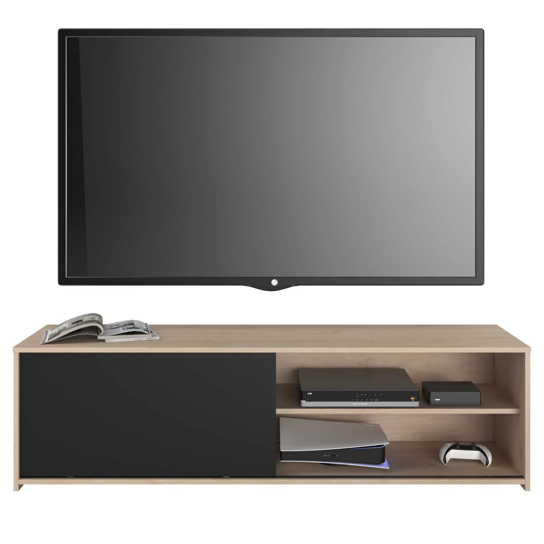 TV-Schrank Leandro - 155x40x43cm - mit Schiebetür - Eiche Dekor/schwarz