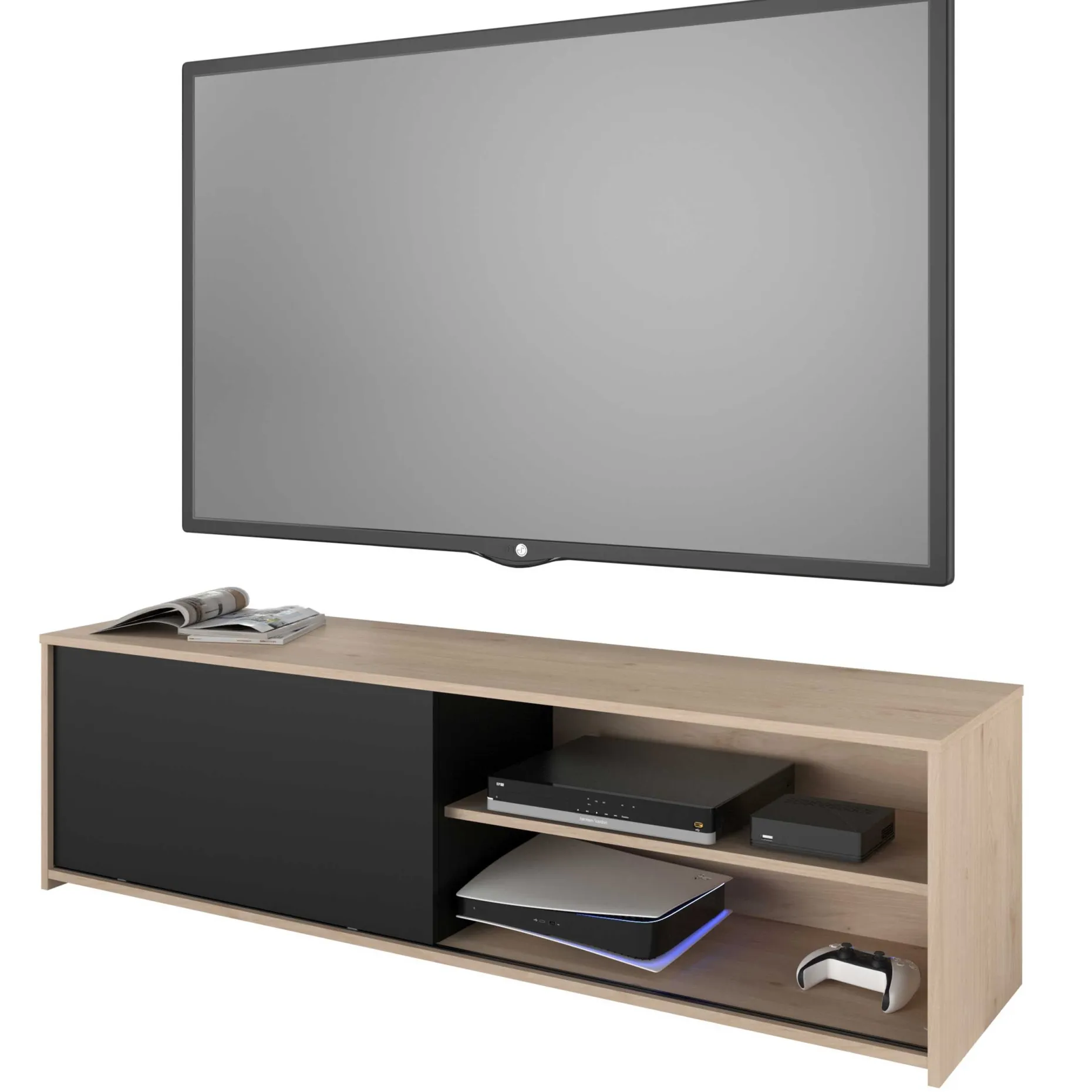 TV-Schrank Leandro - 155x40x43cm - mit Schiebetür - Eiche Dekor/schwarz