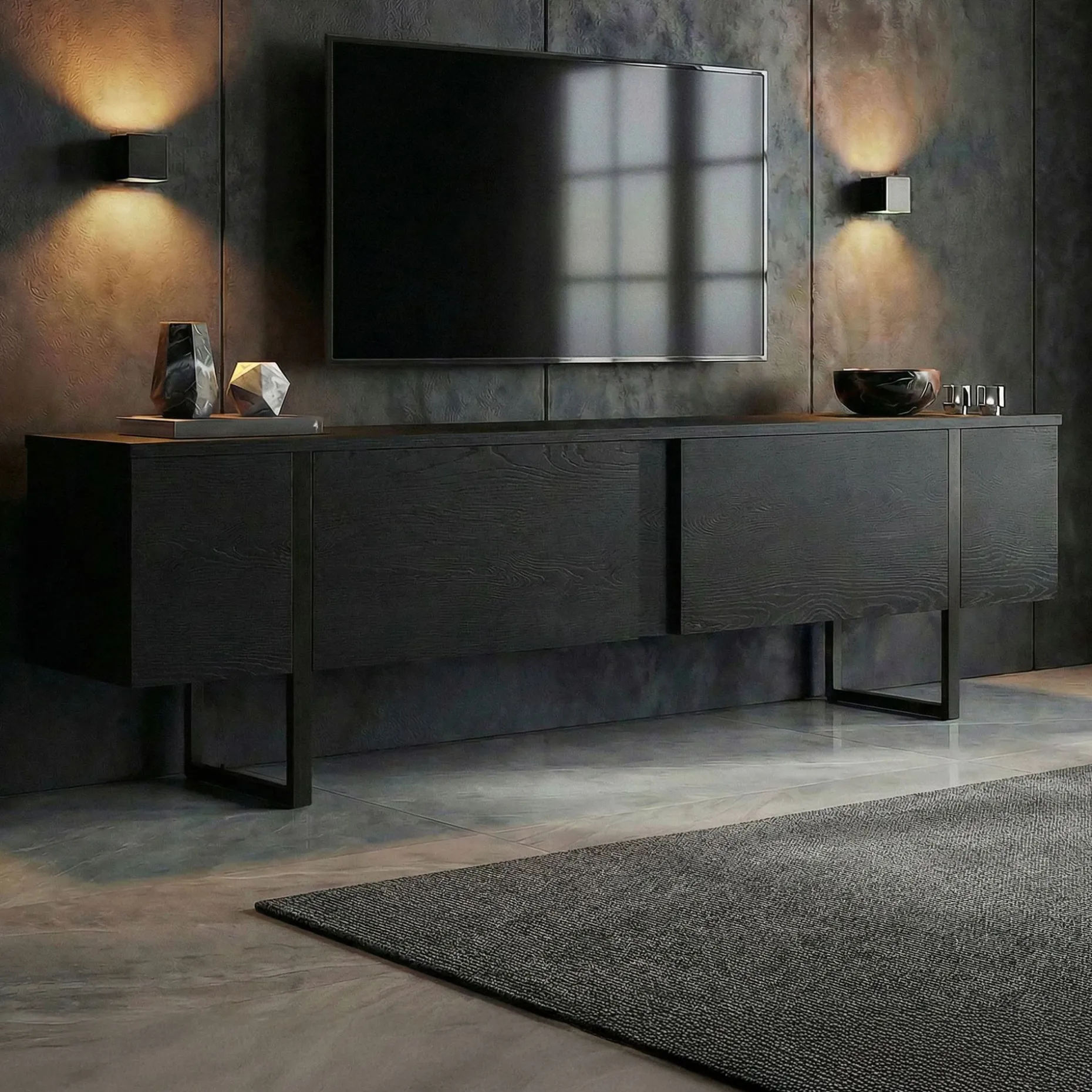 TV-Ständer Onera - 100% MELAMINE - Holzschwarz - 50 x 30 x 180 cm