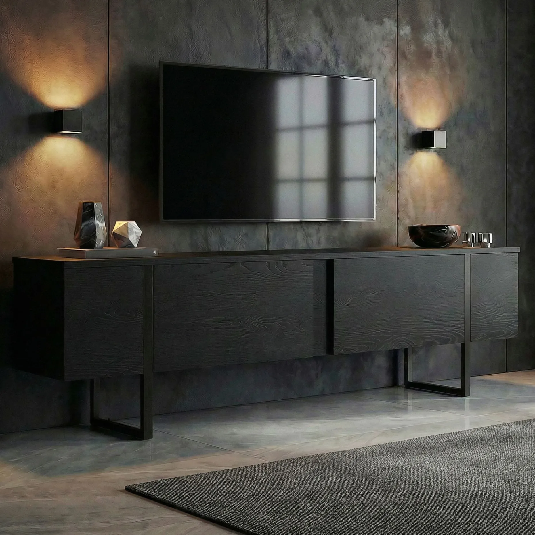 TV-Ständer Onera - 100% MELAMINE - Holzschwarz - 50 x 30 x 180 cm