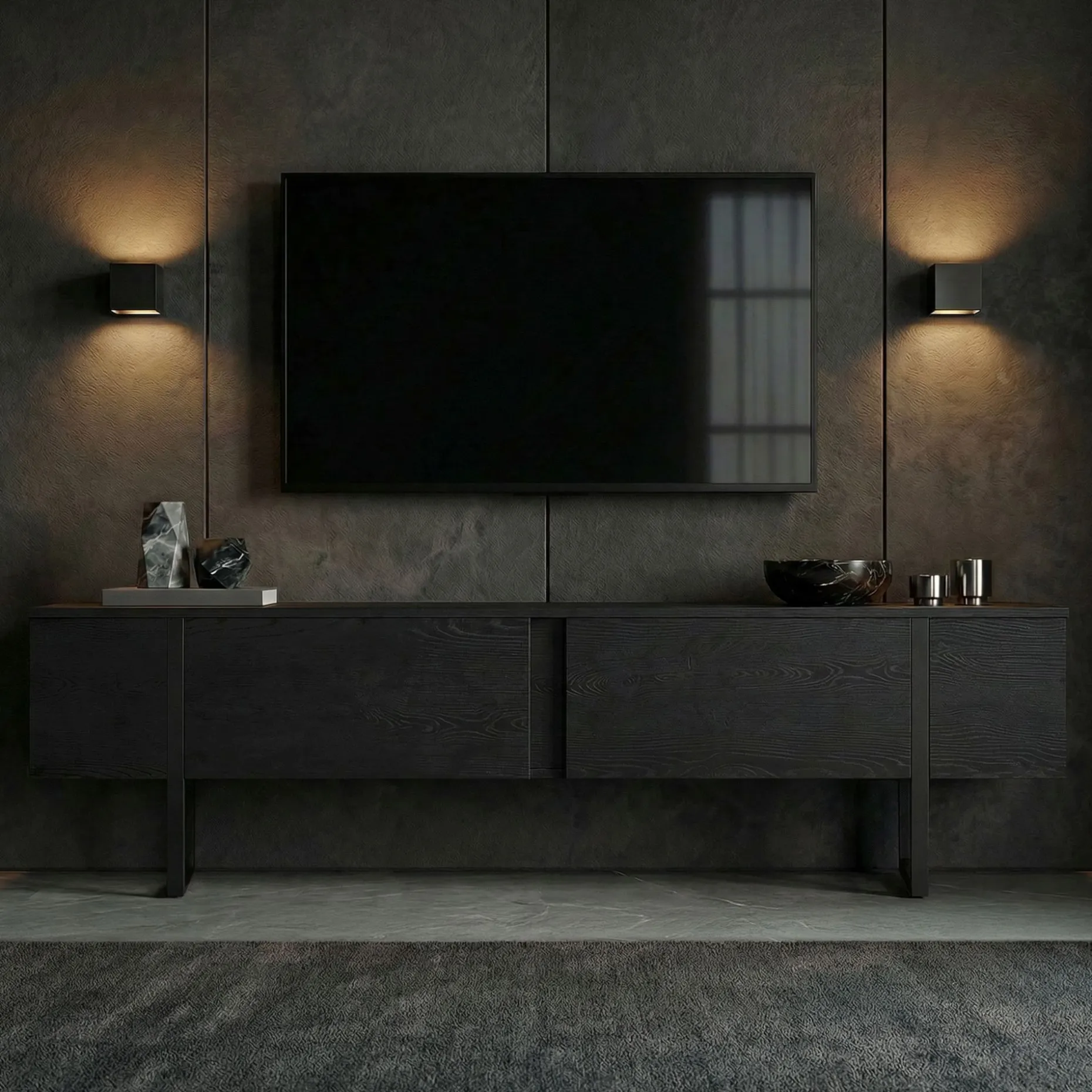TV-Ständer Onera - 100% MELAMINE - Holzschwarz - 50 x 30 x 180 cm