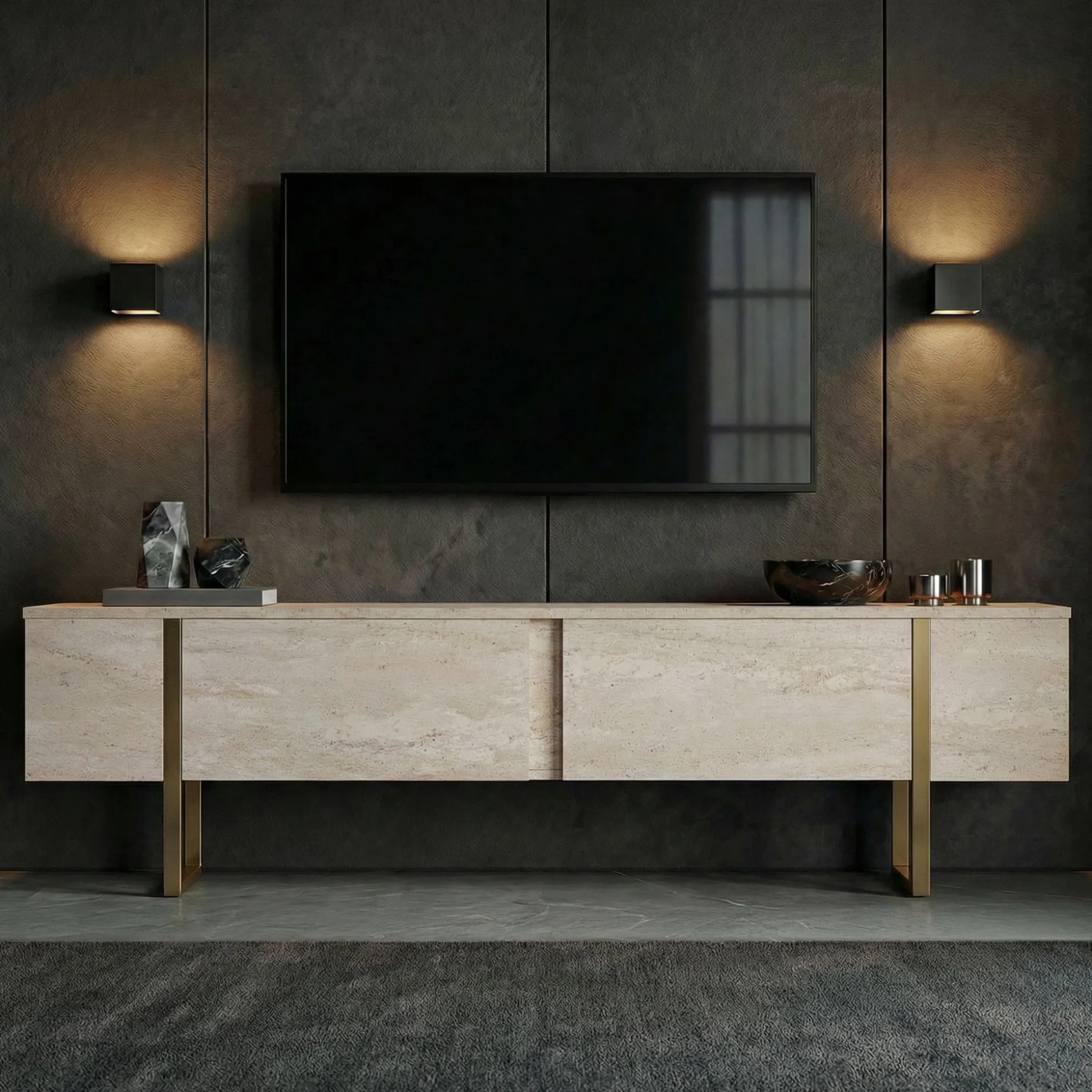 TV-Ständer Onera - 100% MELAMINE - Travertin - 50 x 30 x 180 cm