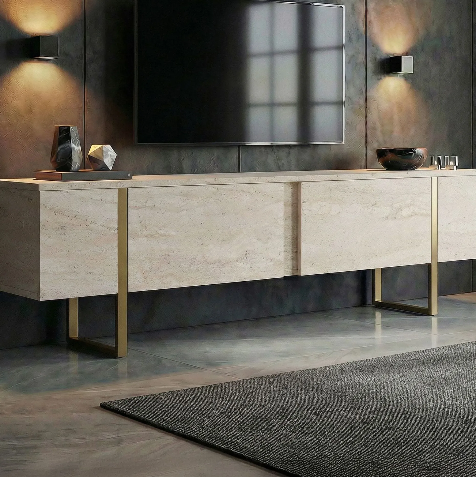 TV-Ständer Onera - 100% MELAMINE - Travertin - 50 x 30 x 180 cm