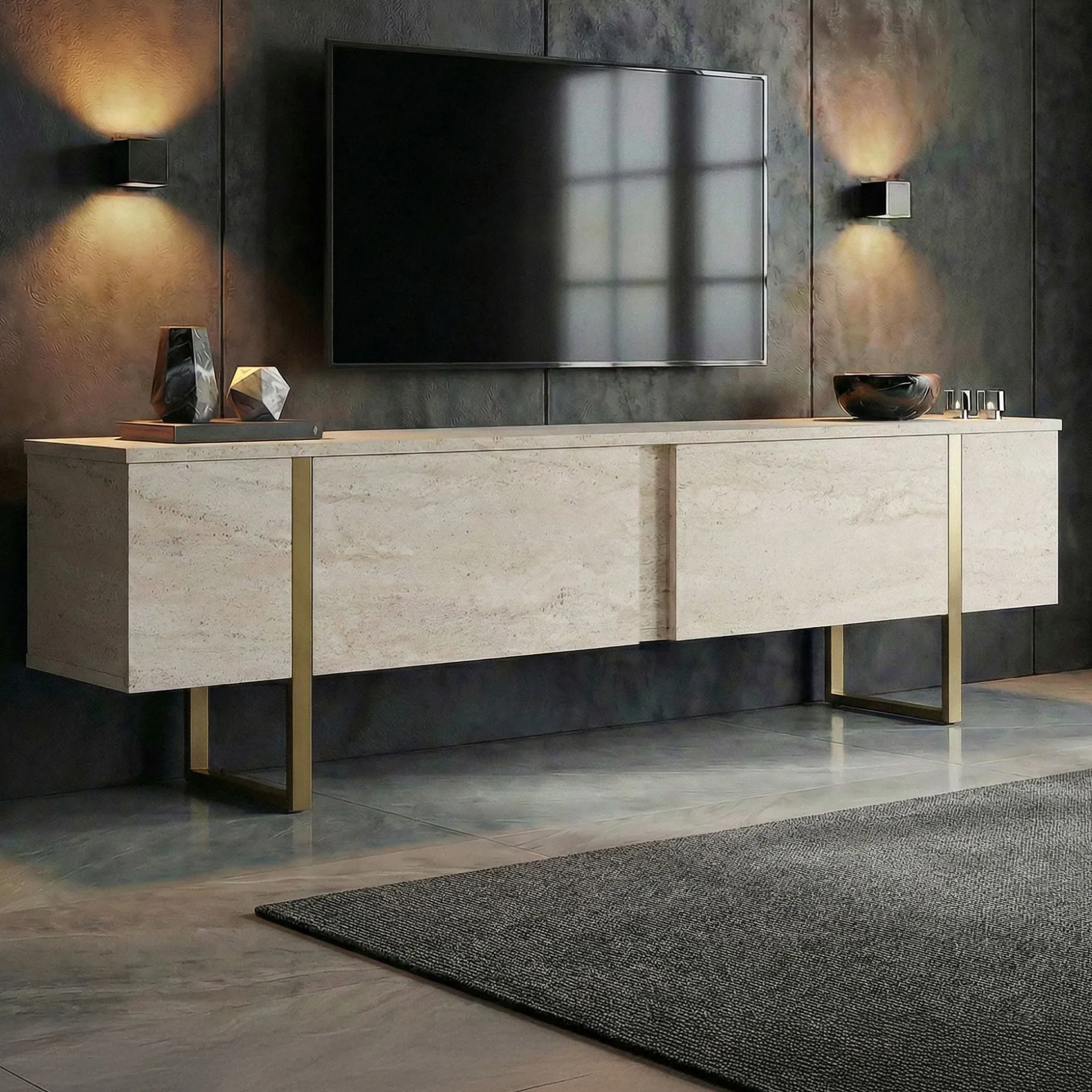 TV-Ständer Onera - 100% MELAMINE - Travertin - 50 x 30 x 180 cm