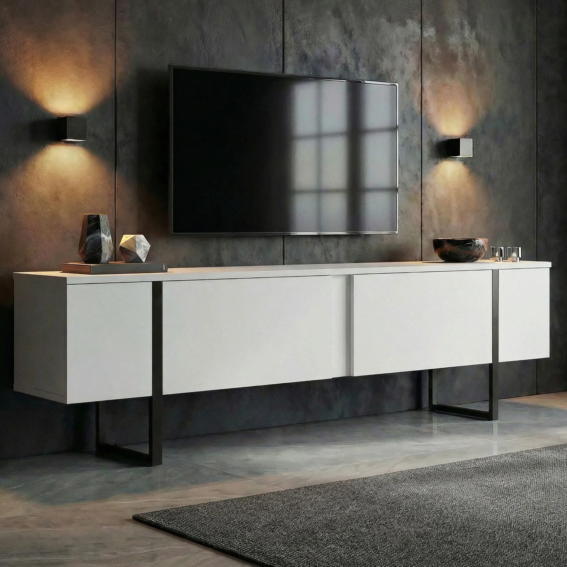 TV-Ständer Onera - 100% MELAMINE - Weiß - 45 x 30 x 180 cm