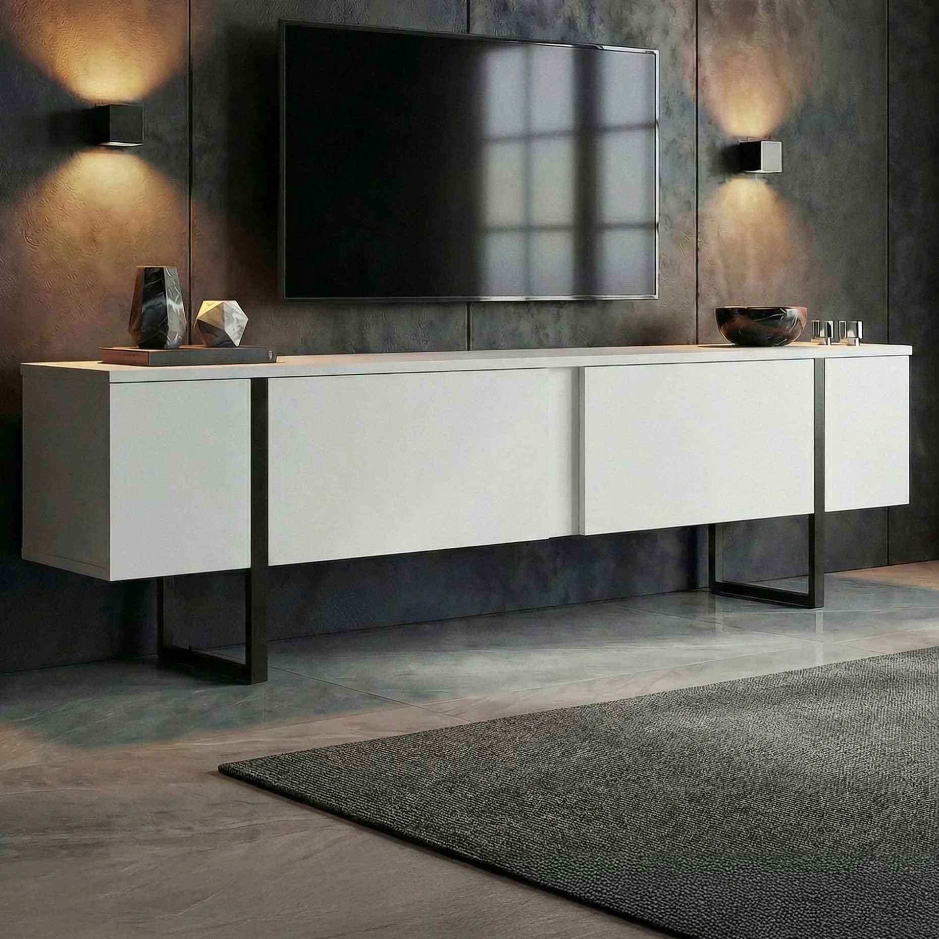 TV-Ständer Onera - 100% MELAMINE - Weiß - 45 x 30 x 180 cm