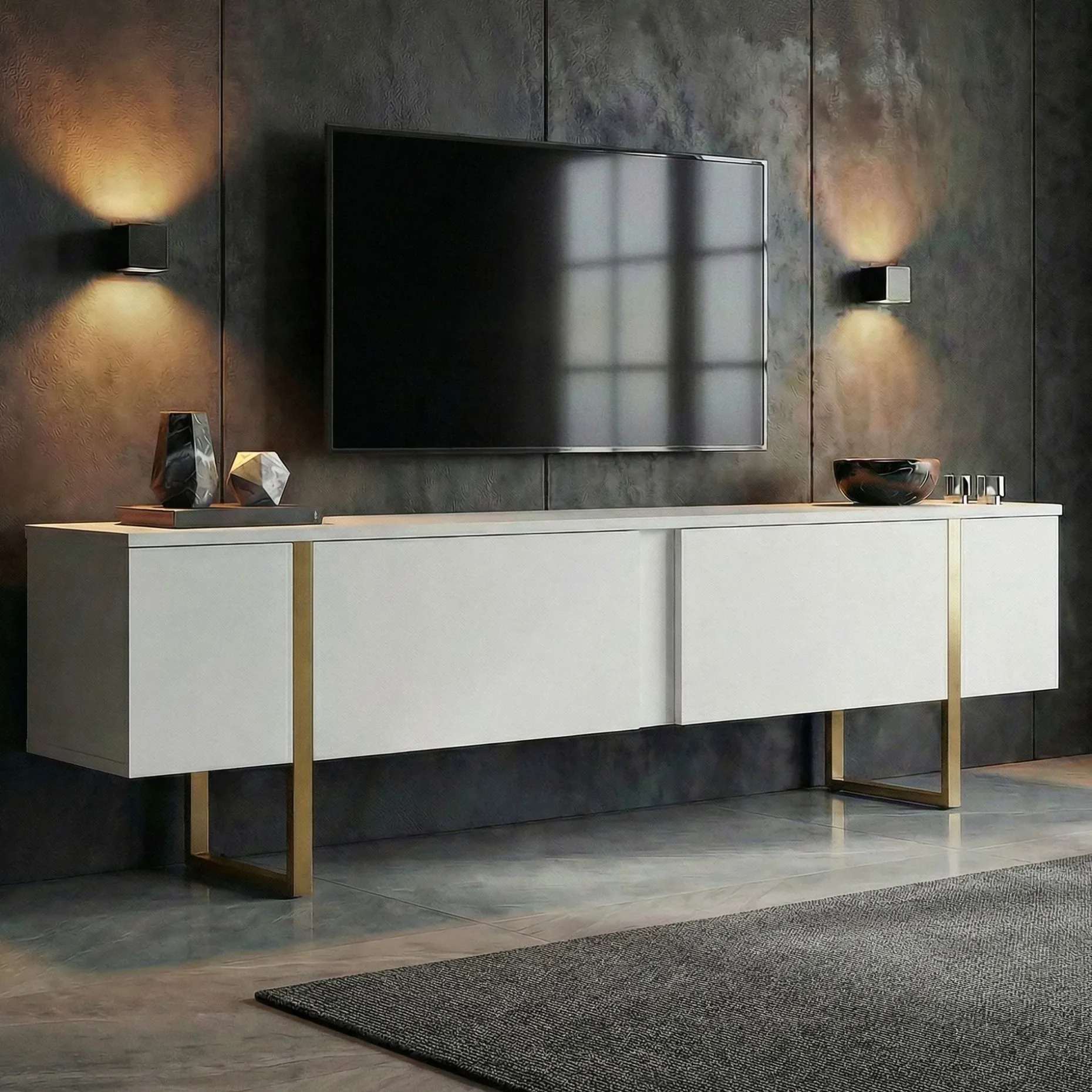 TV-Ständer Onera - 100% MELAMINE - Weiß - 50 x 30 x 180 cm