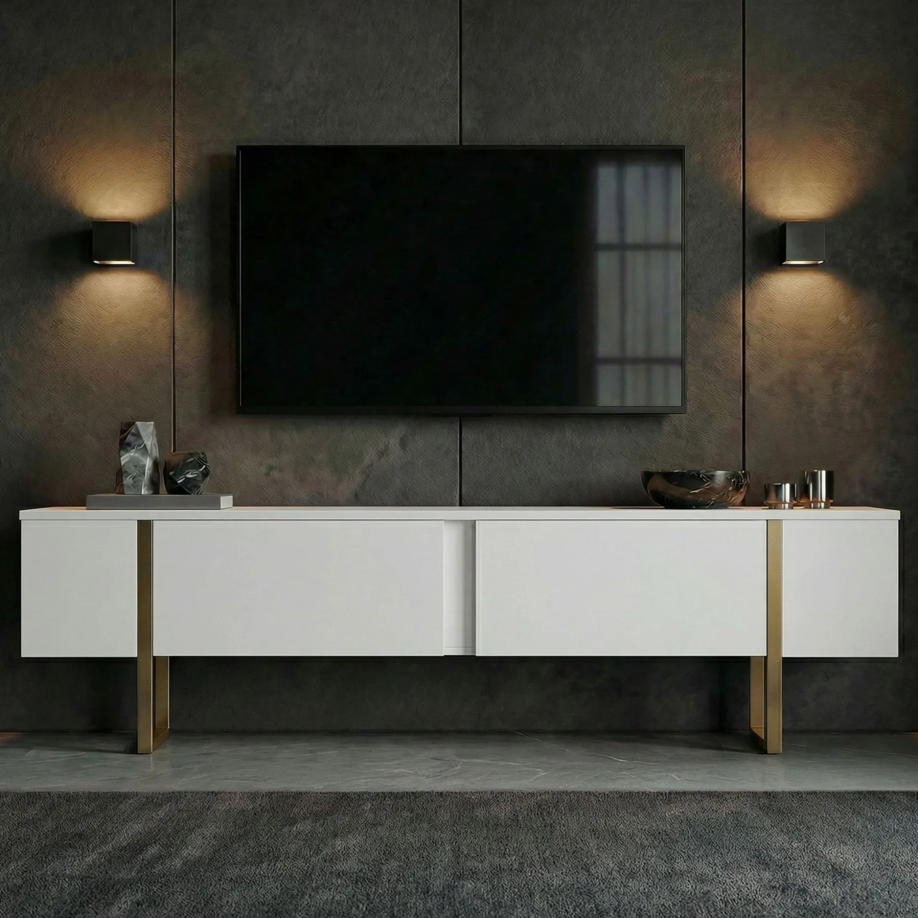 TV-Ständer Onera - 100% MELAMINE - Weiß - 50 x 30 x 180 cm