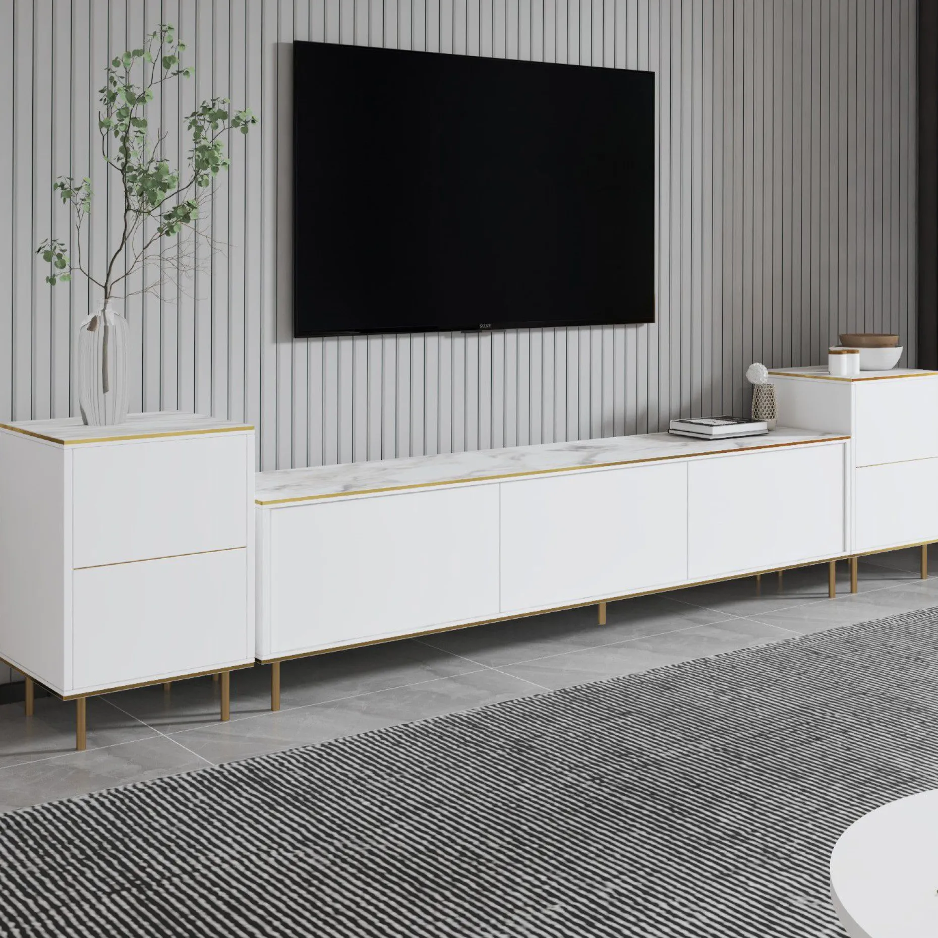 TV-Wandmöbel Imaj - 100% MELAMINE - Weißer Marmor - 180 x 60 x 35 cm