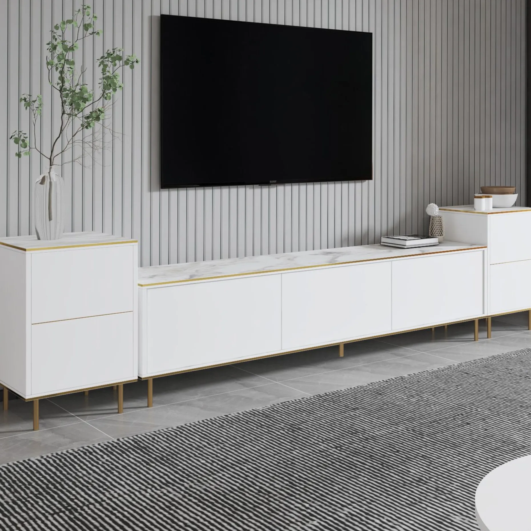 TV-Wandmöbel Imaj - 100% MELAMINE - Weißer Marmor - 180 x 60 x 35 cm