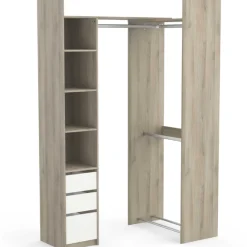 Verstellbarer Kleiderschrank Swift 3 Kleiderstangen, 3 Einlegeböden, 1 Schuhregal, 1 Hutablage und 3 Schubladen-Kronberger Eiche/Mattweiß