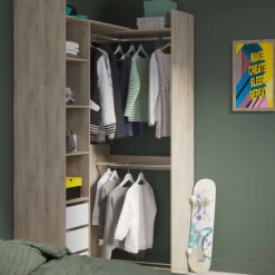 Verstellbarer Kleiderschrank Swift 3 Kleiderstangen, 3 Einlegeböden, 1 Schuhregal, 1 Hutablage und 3 Schubladen-Kronberger Eiche/Mattweiß