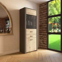 Vitrine Aubrey - 75x42x198cm - 2 Türen und 1 Schublade - Eiche Dekor/schwarz