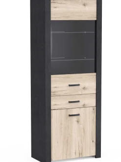 Vitrine Aubrey - 75x42x198cm - 2 Türen und 1 Schublade - Eiche Dekor/schwarz