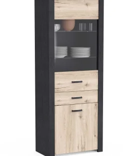 Vitrine Aubrey - 75x42x198cm - 2 Türen und 1 Schublade - Eiche Dekor/schwarz