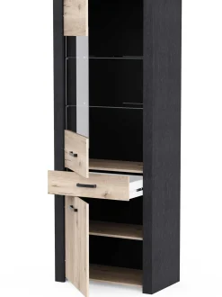 Vitrine Aubrey - 75x42x198cm - 2 Türen und 1 Schublade - Eiche Dekor/schwarz