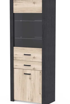 Vitrine Aubrey - 75x42x198cm - 2 Türen und 1 Schublade - Eiche Dekor/schwarz
