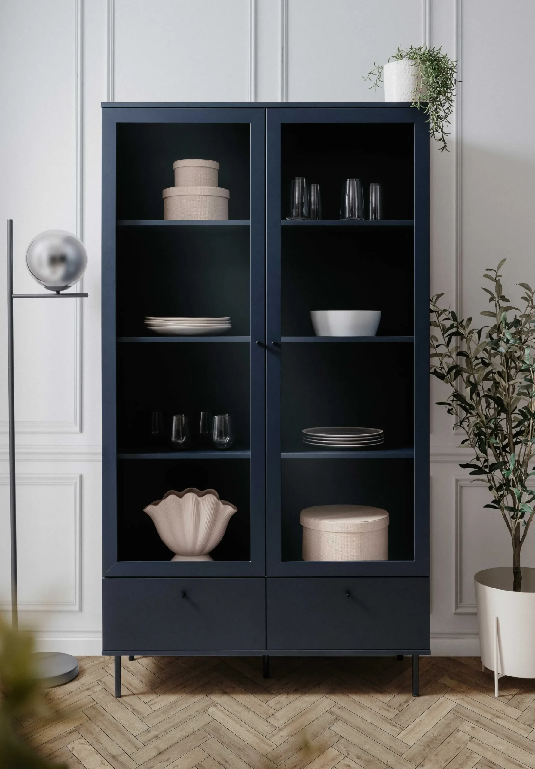Vitrine Carillon 100cm mit zwei Türen und Schublade - navy blue