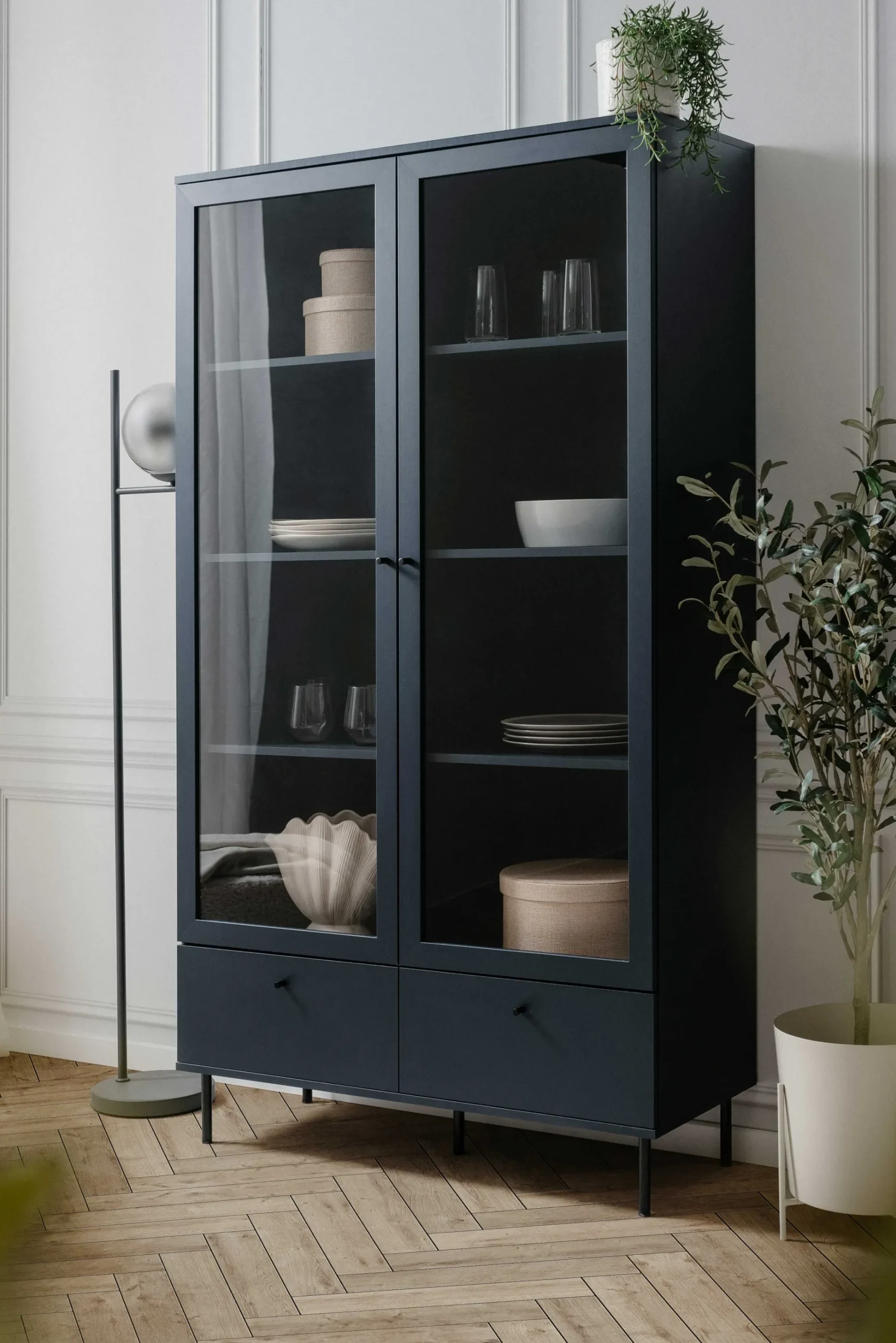 Vitrine Carillon 100cm mit zwei Türen und Schublade - navy blue