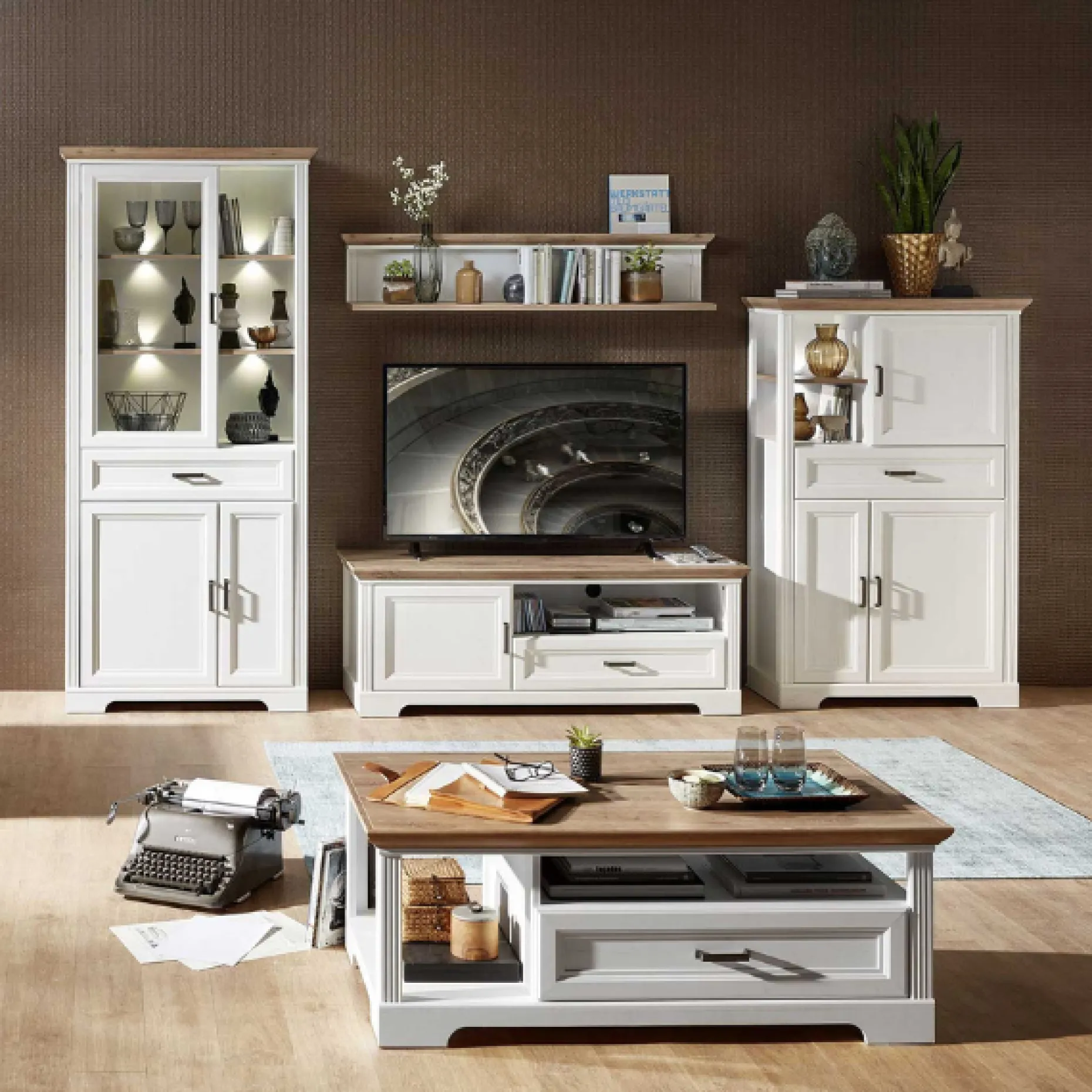 Vitrine Samine 93cm 3 Türen und 1 Schublade - weiß/Eiche