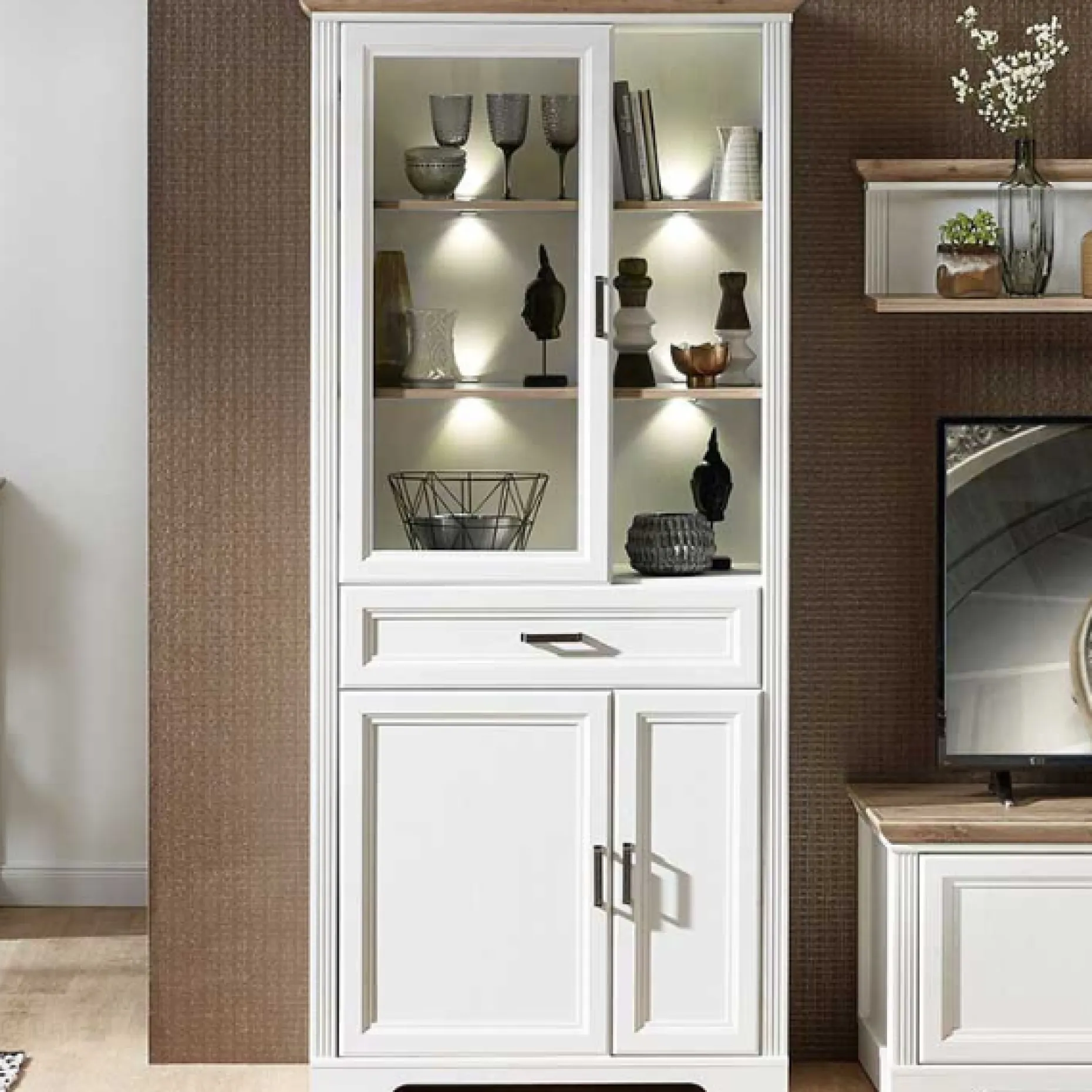 Vitrine Samine 93cm 3 Türen und 1 Schublade - weiß/Eiche