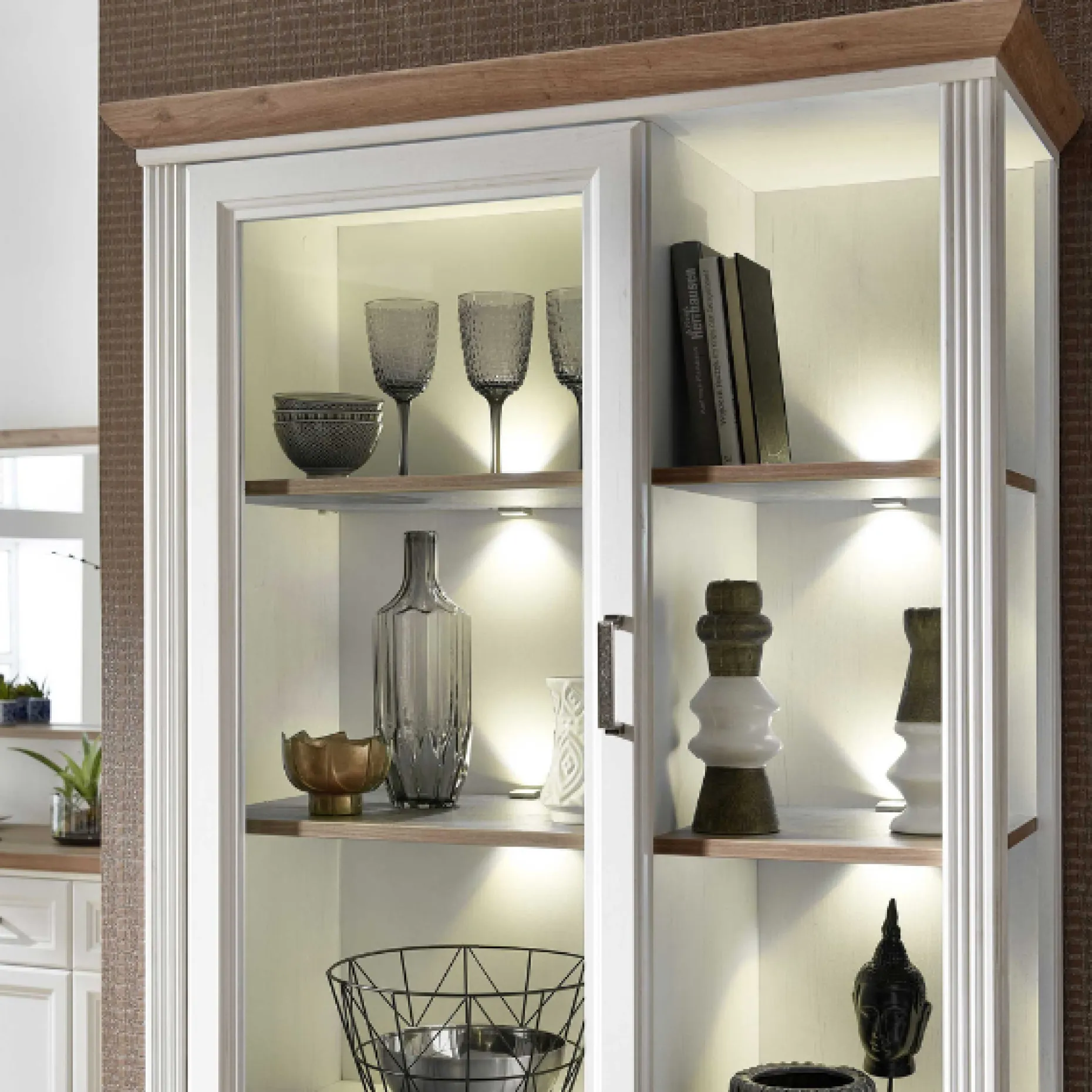 Vitrine Samine 93cm 3 Türen und 1 Schublade - weiß/Eiche