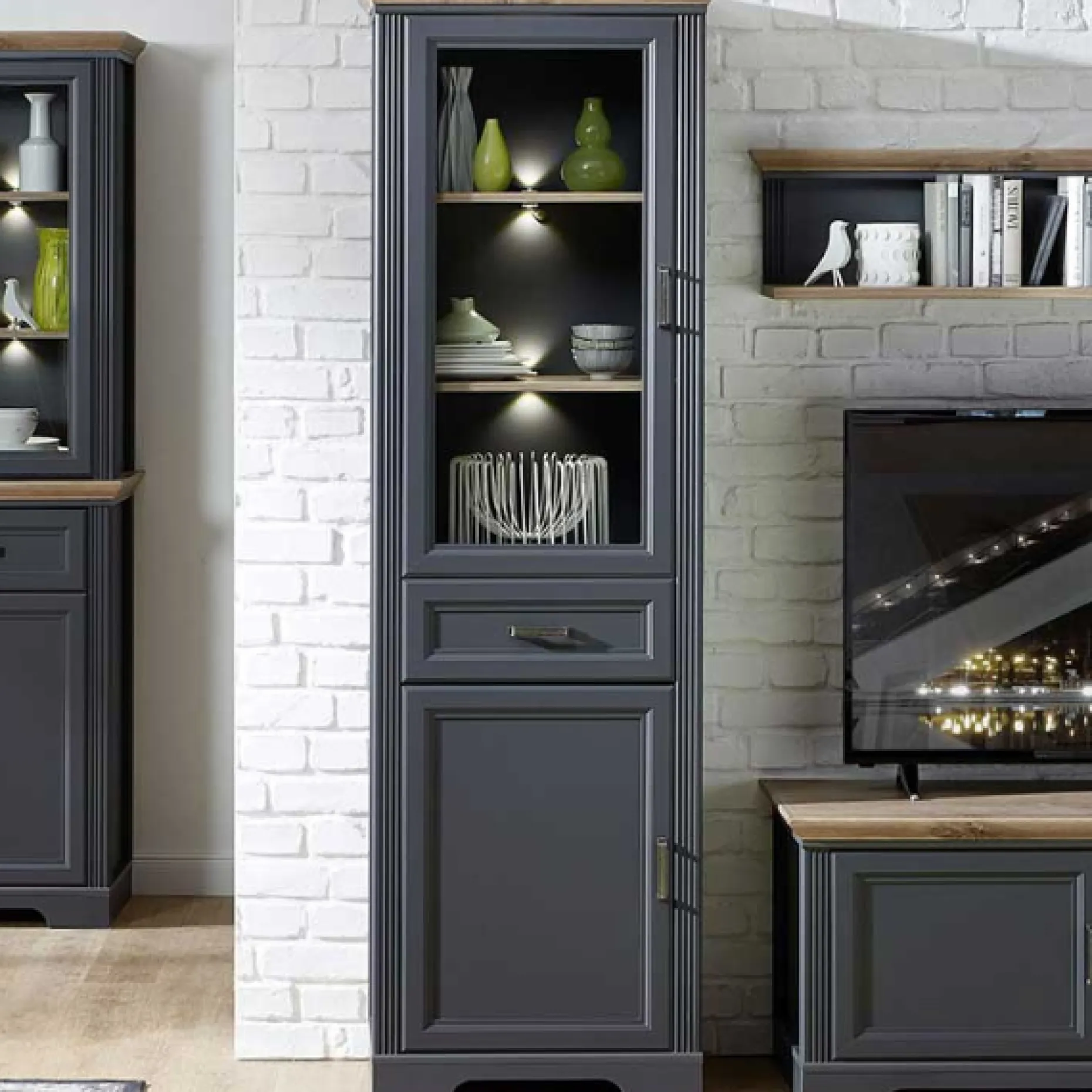 Vitrine Samine 66cm 2 Türen und 1 Schublade - graphit/ik