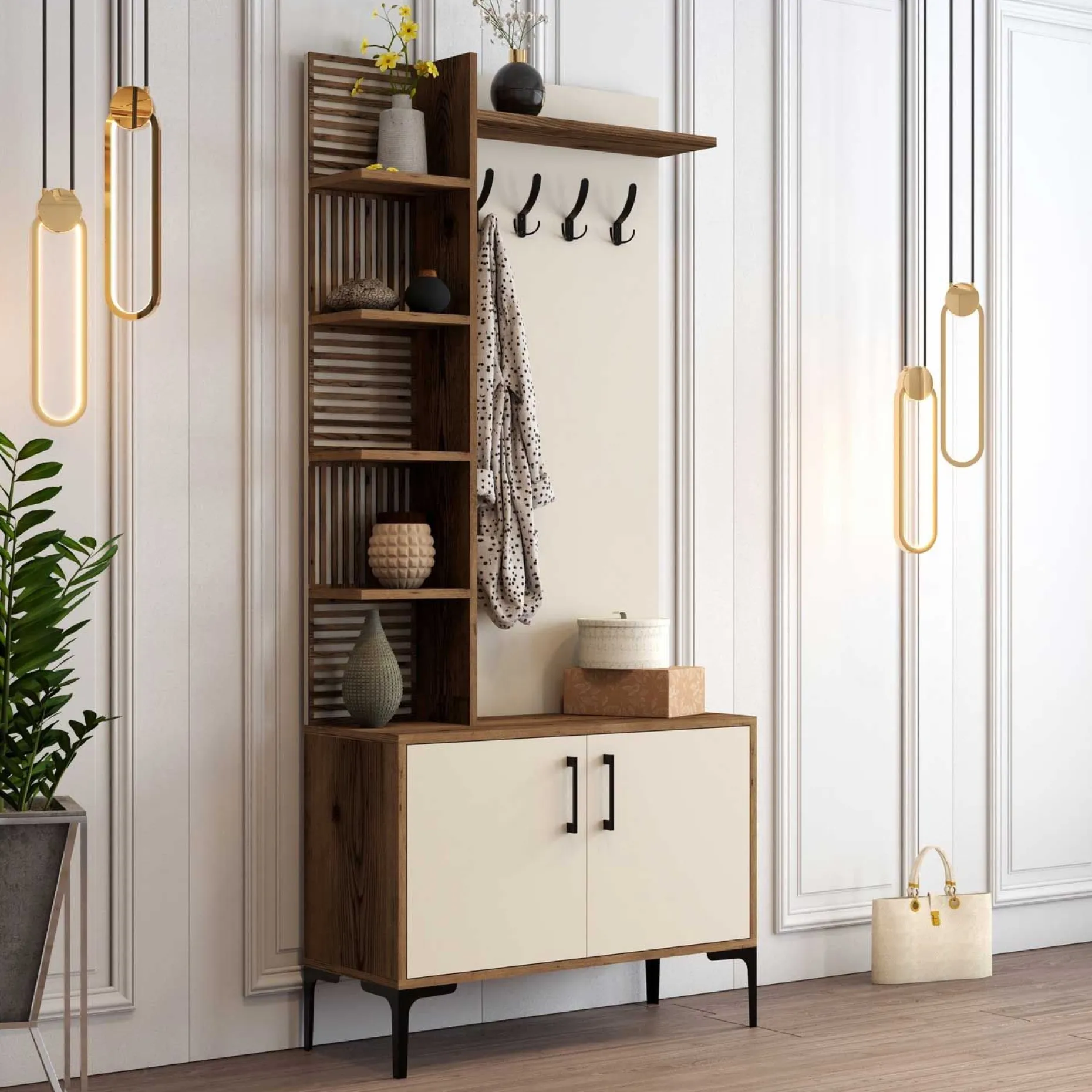 Viyana D Garderobenständer | 100 % MELAMIN | Walnuss, Creme