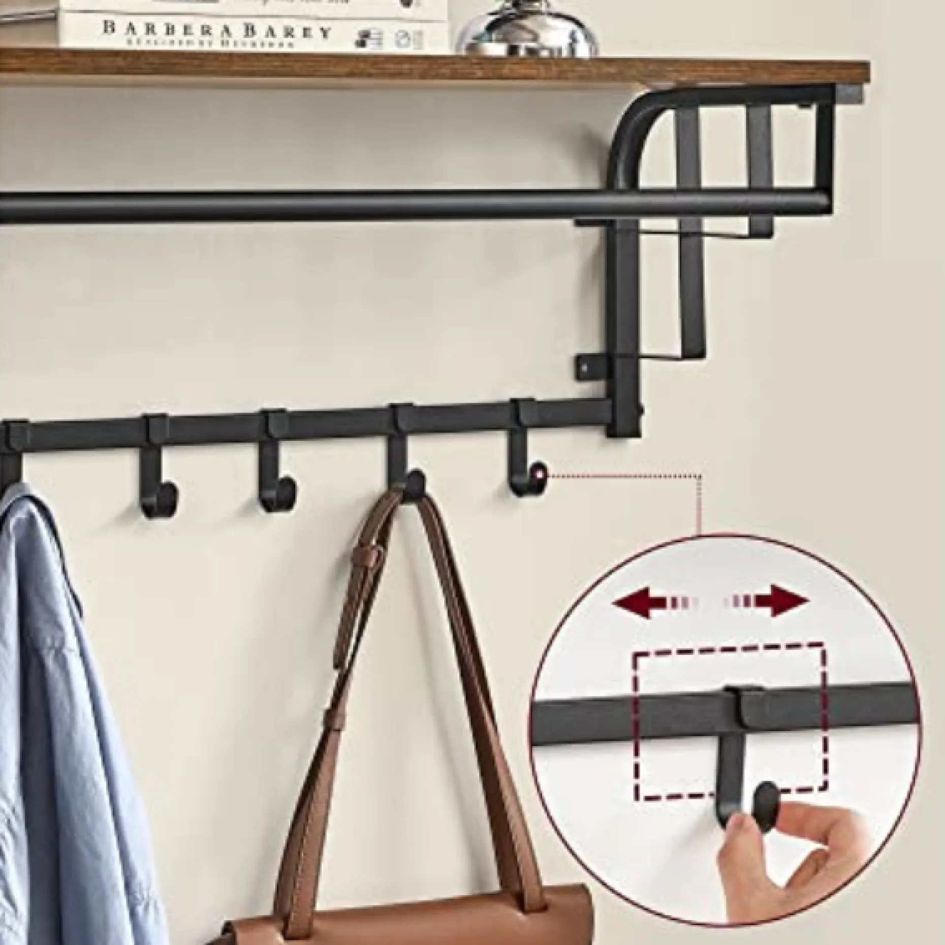 Wandgarderobe, 5 Haken, schwebendes Regal, rustikal braun/schwarz