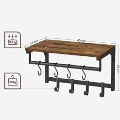 Wandgarderobenregal mit 8 Haken, Hängestange, Vintage Braun-Schwarz