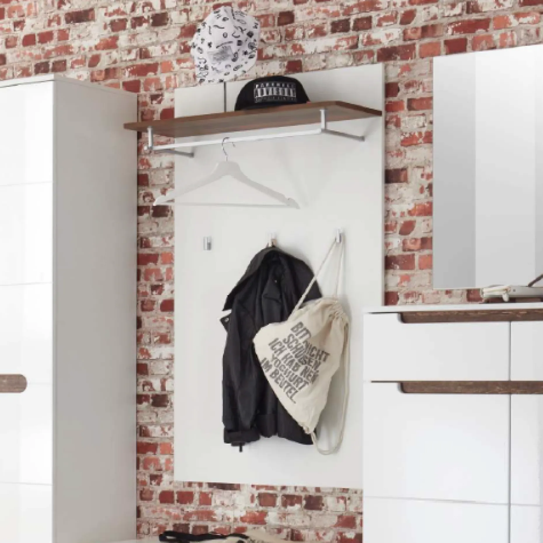 Wandgarderobe Nuro 3 Haken mit Hutablage und Stange - weiß