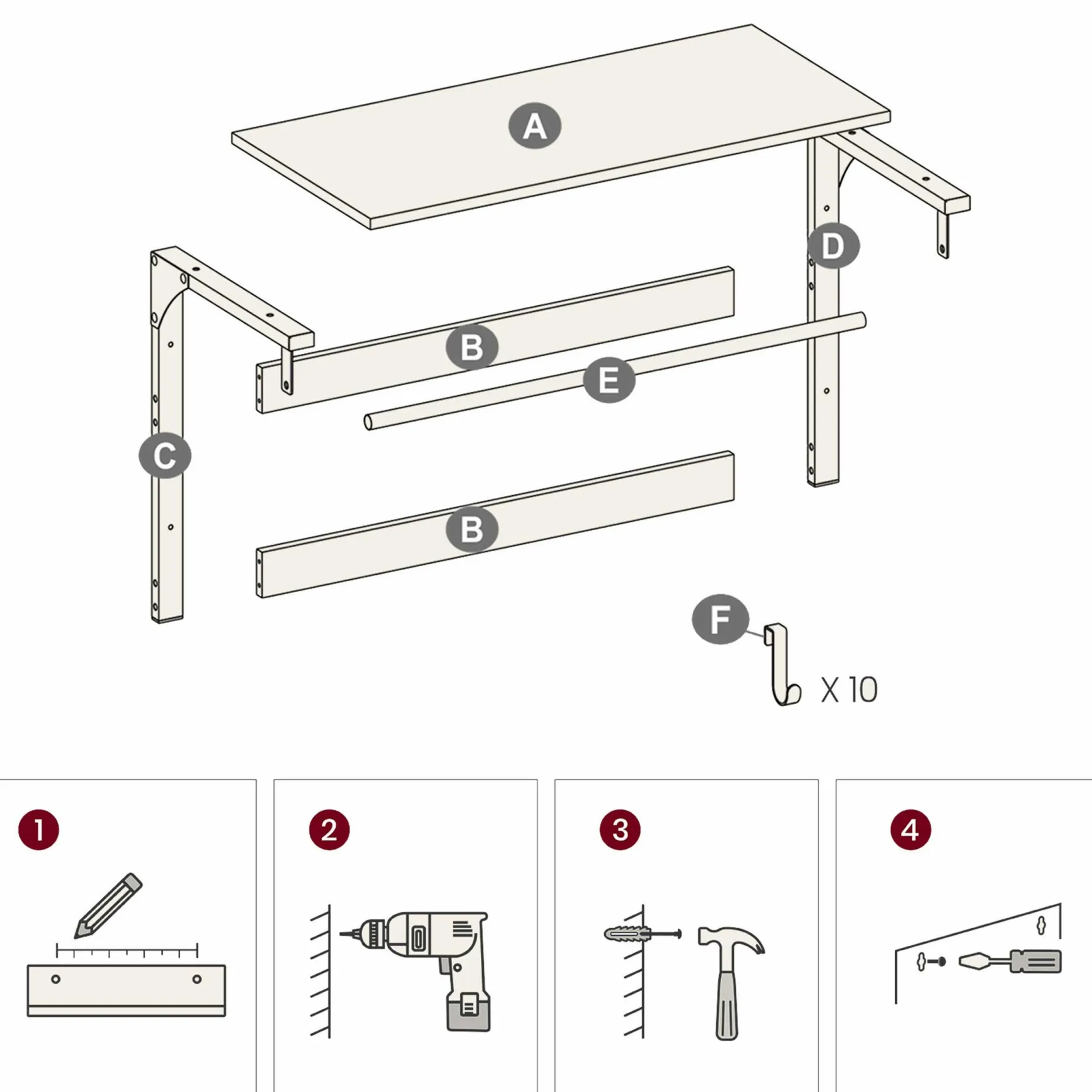 Wandgarderobe Rhodos | 65 x 30 x 42 cm | Rostbraunes Design