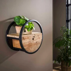 Wandregal Cyril rund Ø40 mit Schublade industriell - Hartholz