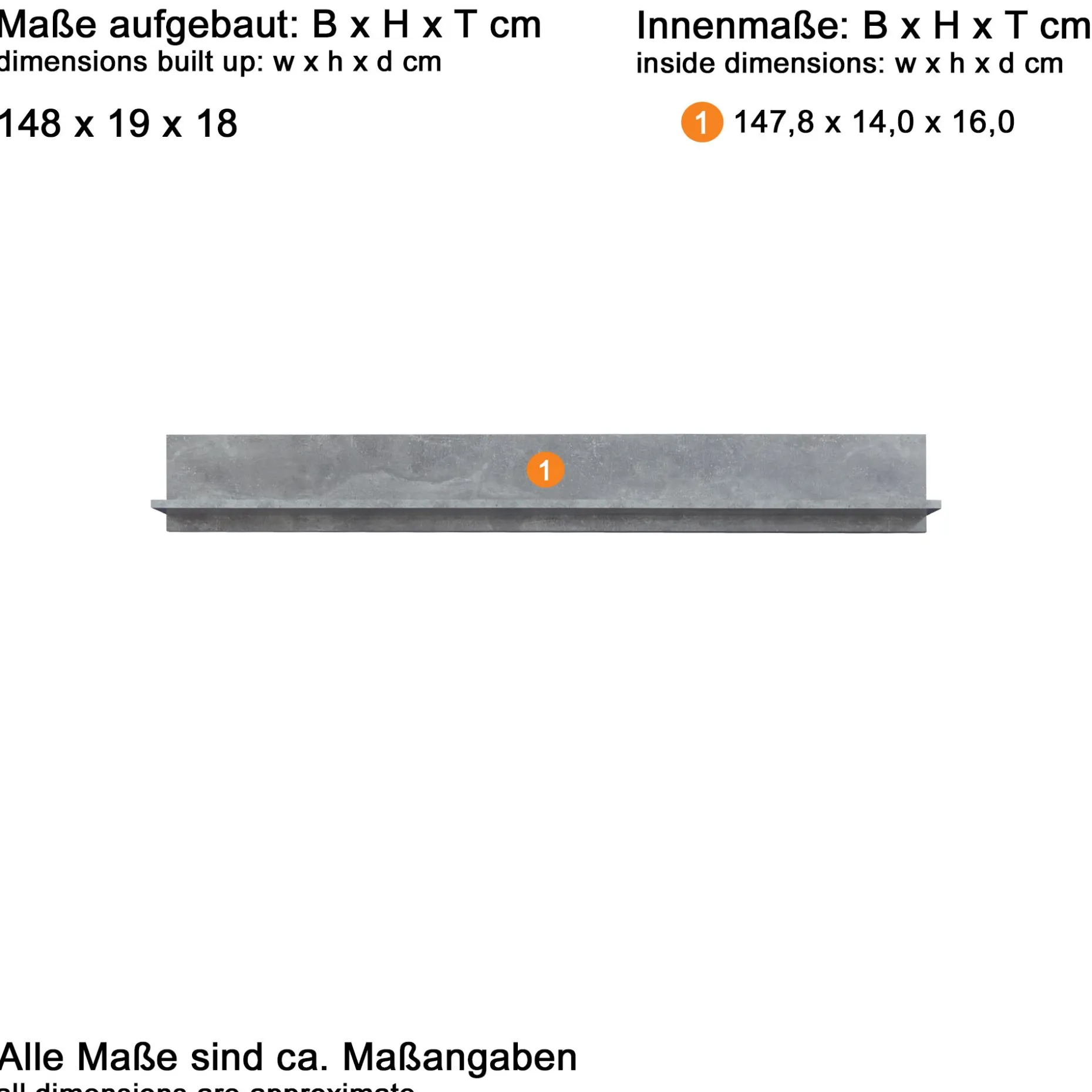 Wandregal Rock | 148 x 18 x 19 cm | Stone Grey
