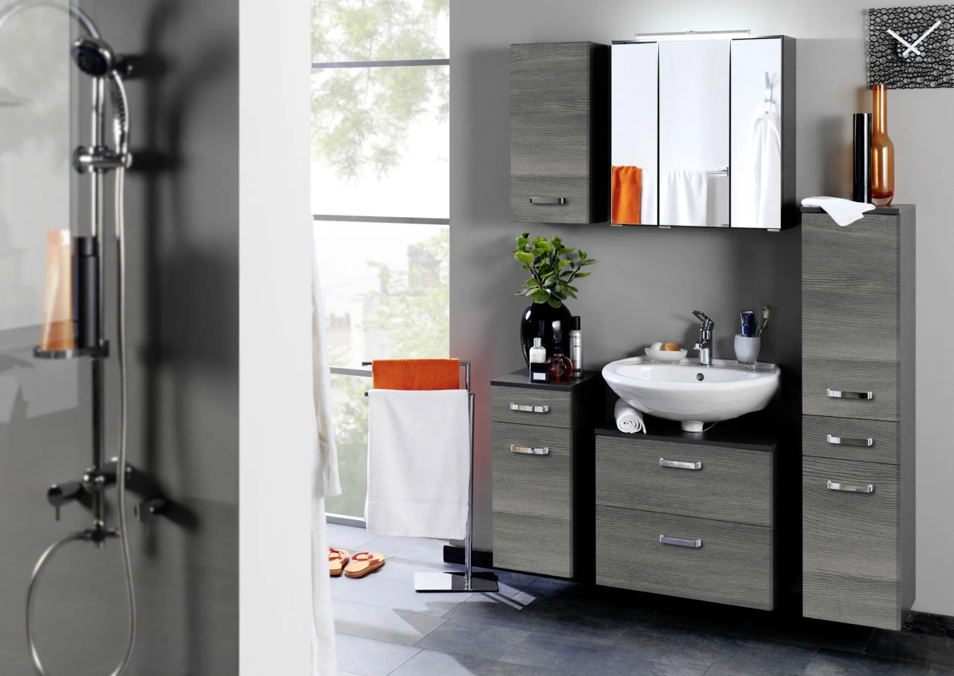 Waschbeckenschrank Bobbi 60cm 1 Tür und 1 Schublade - graphit/graue Eiche