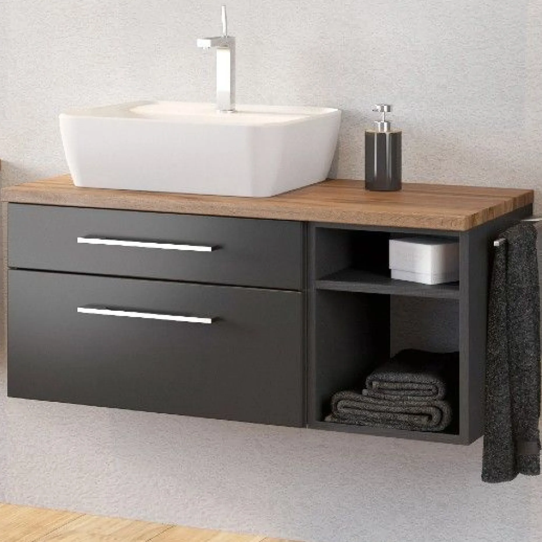 Waschbeckenschrank Dasa (links) 90cm mit 2 Schubladen - graphit/mattgrau
