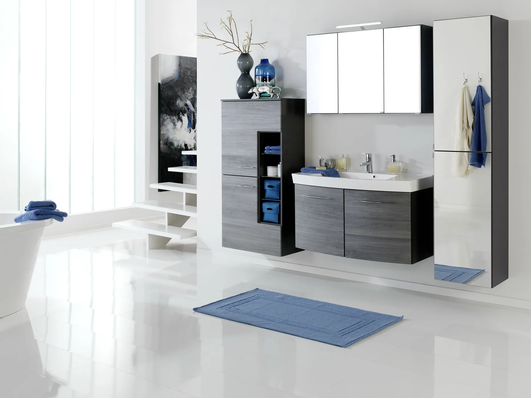 Waschbeckenschrank Florent gebogen 100cm 2 Türen - graphit/graue Eiche
