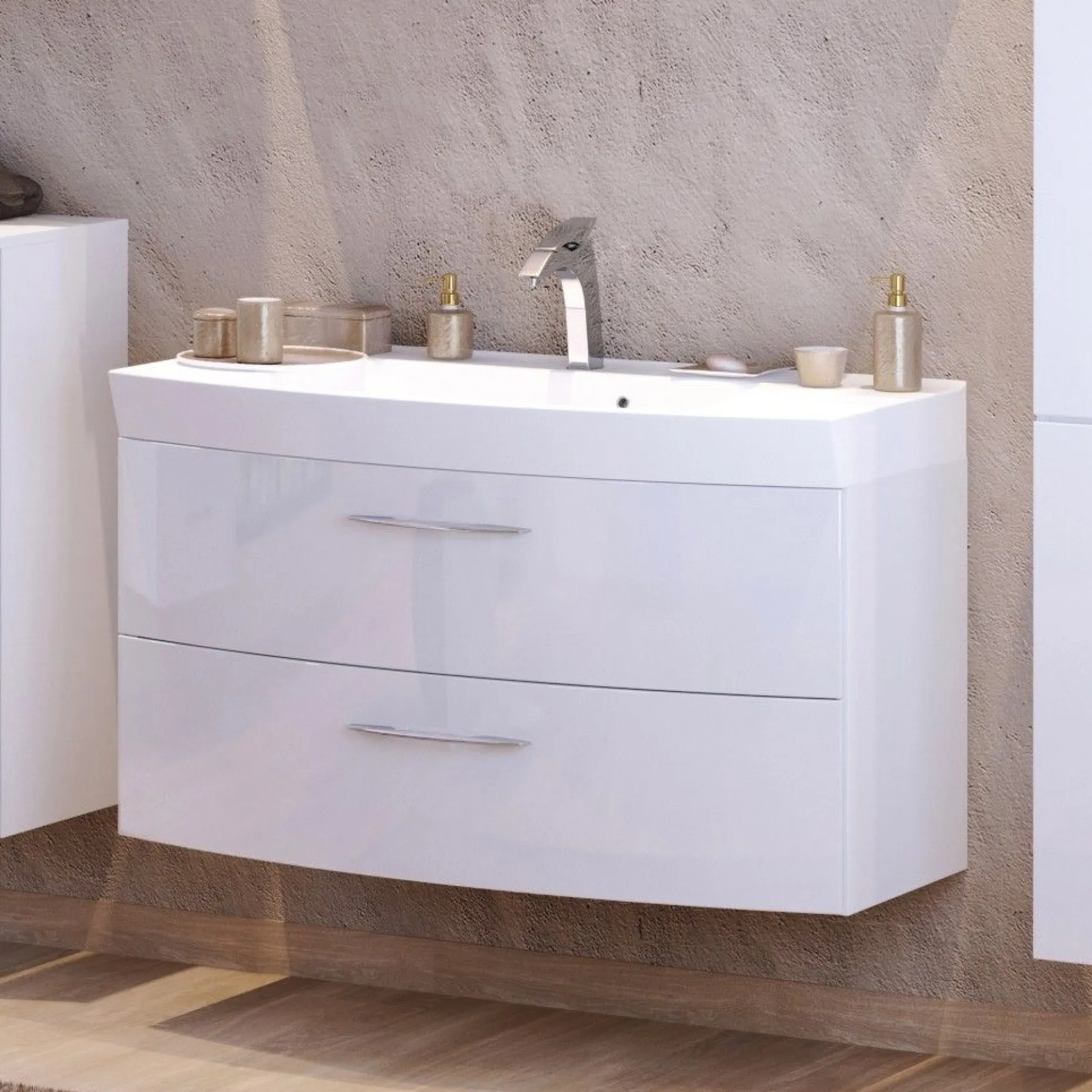Waschbeckenschrank Florent gebogen 100cm 2 Schubladen - weiß