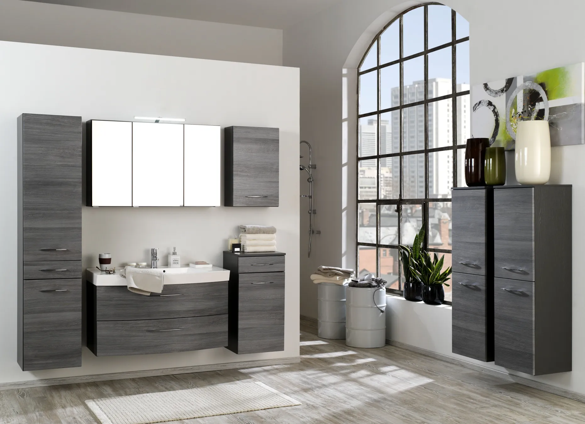 Waschbeckenschrank Florent gebogen 120cm 2 Schubladen - graphit/graue Eiche