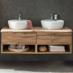 Waschbeckenschrank Karan 121cm mit zwei Waschbecken und zwei Schubladen - Eiche